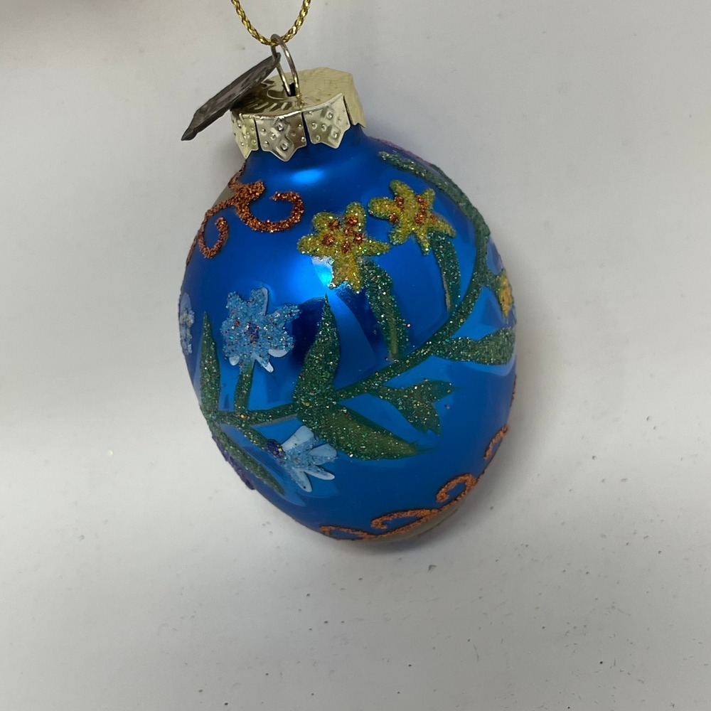 Thomas Pacconi Classics Blue Glass Egg Christmas Ornament Floral Glitter 3 Inch